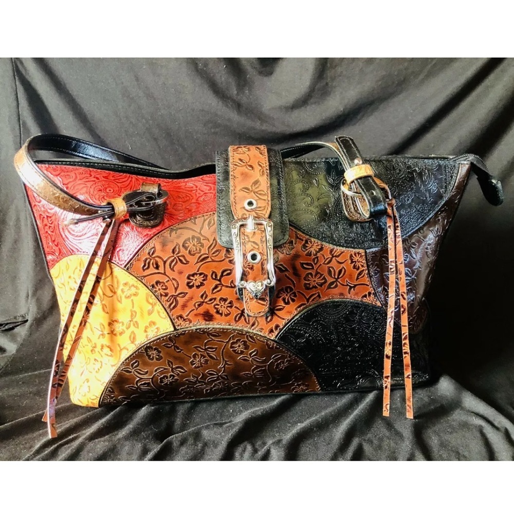 M.C. Mark Chantal Handbag; Tooled Embossed Leather; Multicolor Shoulder Handbag